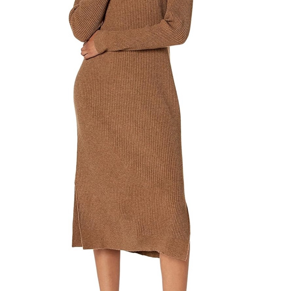 Brown Ribbed Knit Sweater Midi Dress
